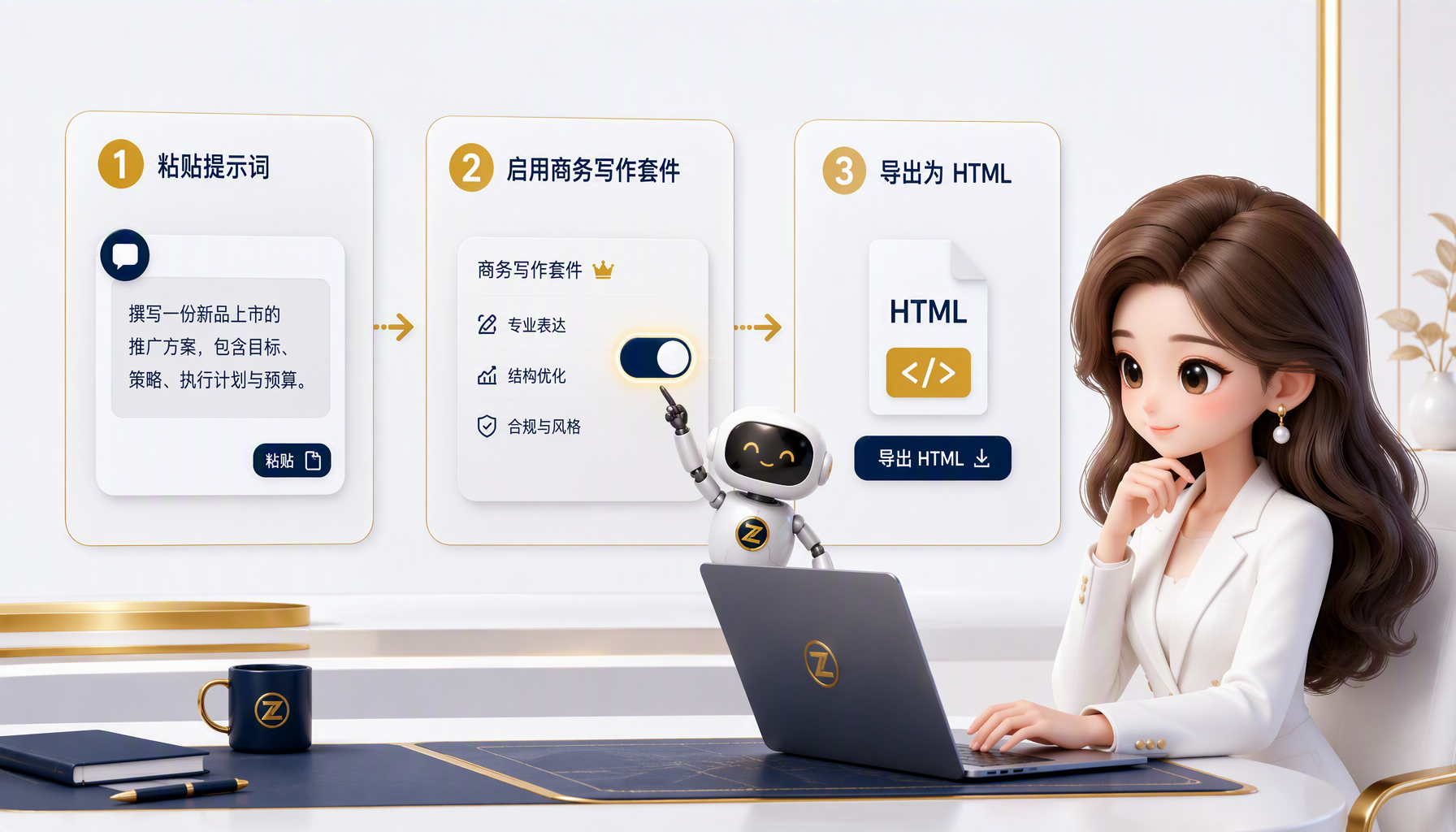 粘贴 Prompt、启用商务写作套件、导出 HTML 的三步流程